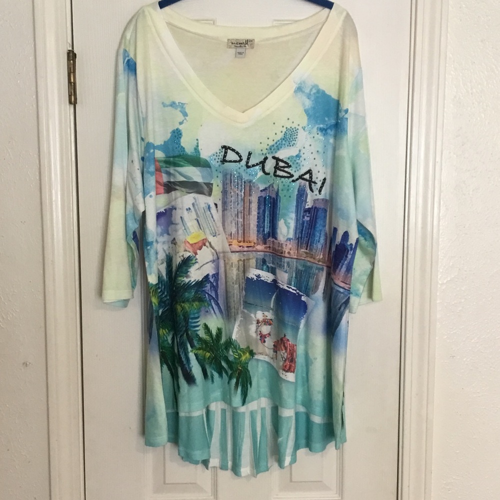 NWOT ONE WORLD Cream DUBAI V-Neck High Low Tunic Top - Picture 2 of 16